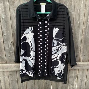 Dolcezza Abstract Black White Polka Dot Semi Sheer Button Down Top Sz M